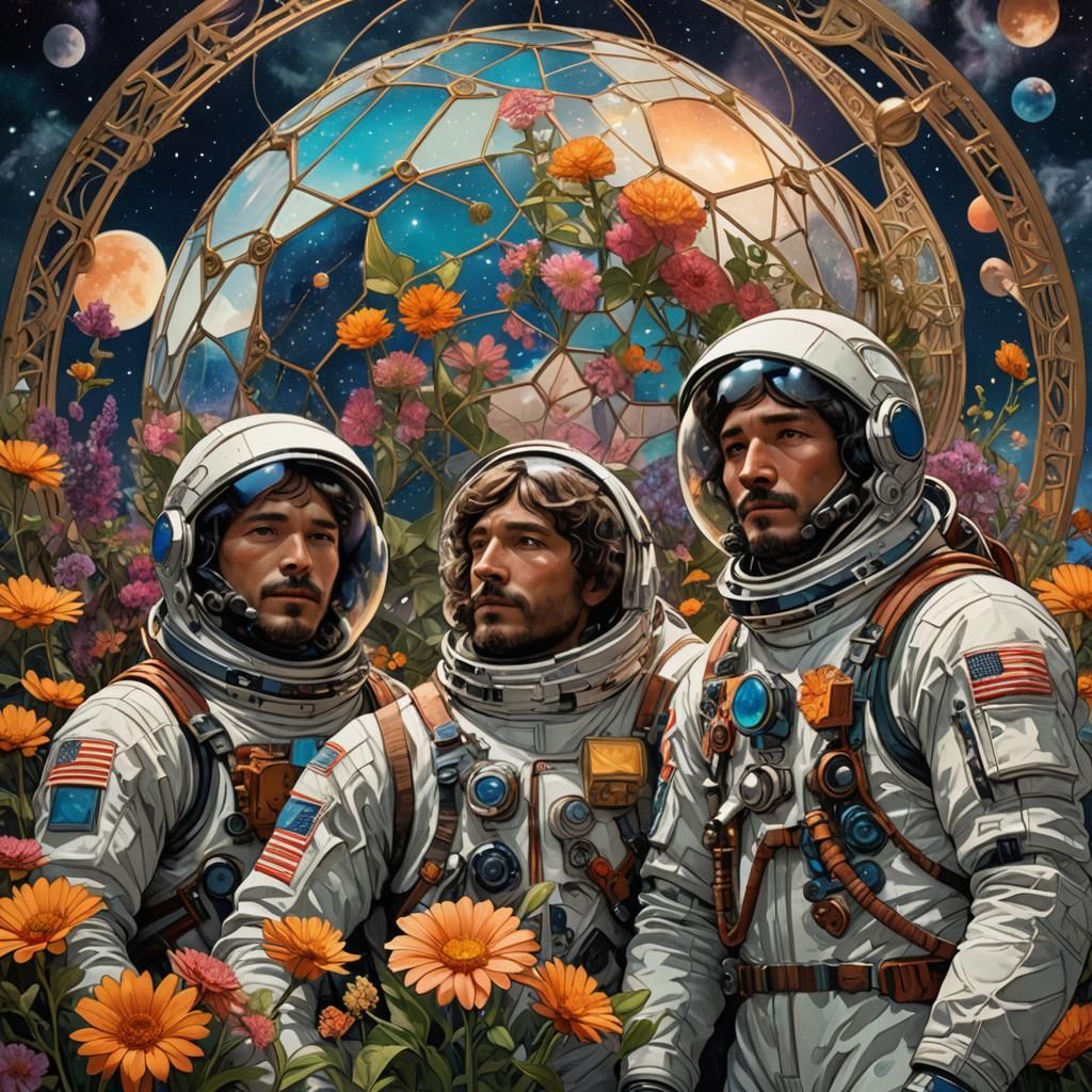 Three men in spacesuits tending to the flowers in a geodesic...