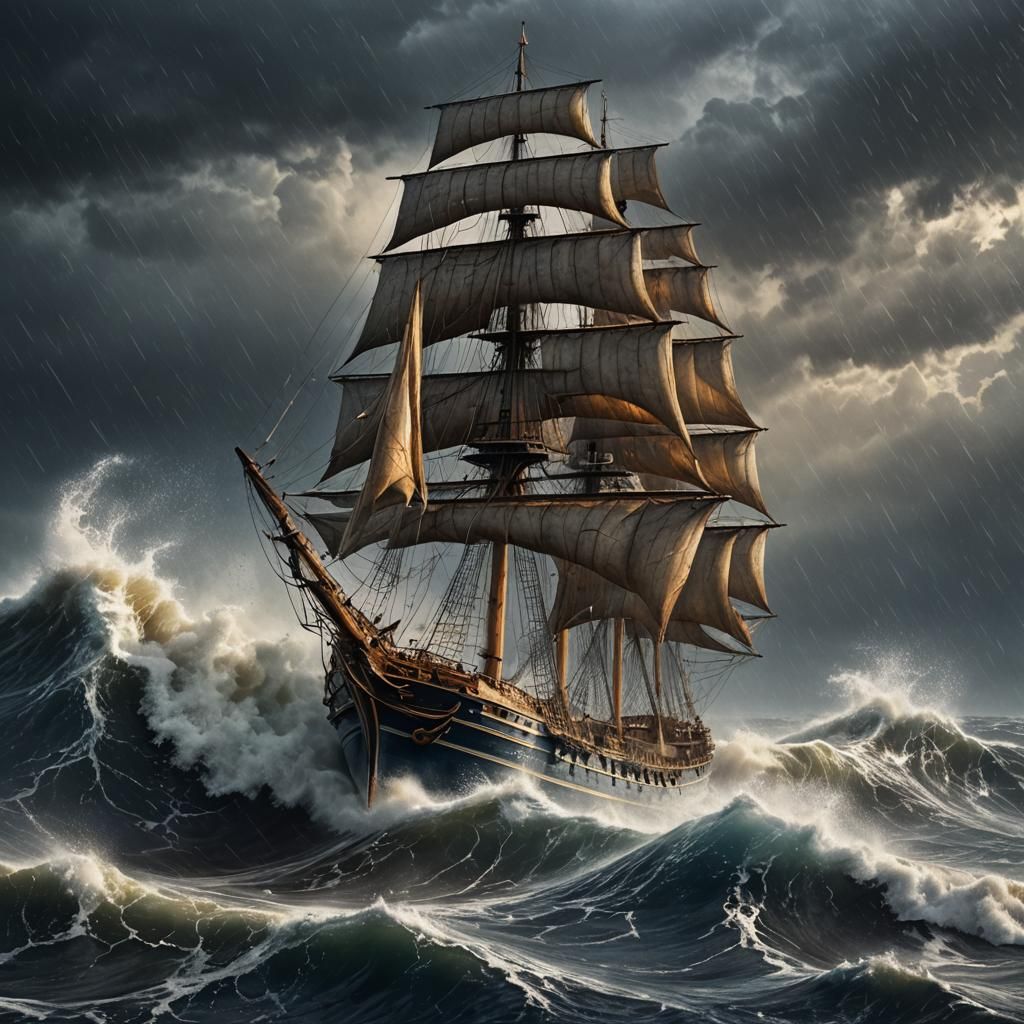 Hyper-Realistic Digital Art of a Majestic Ship Sailing throu...