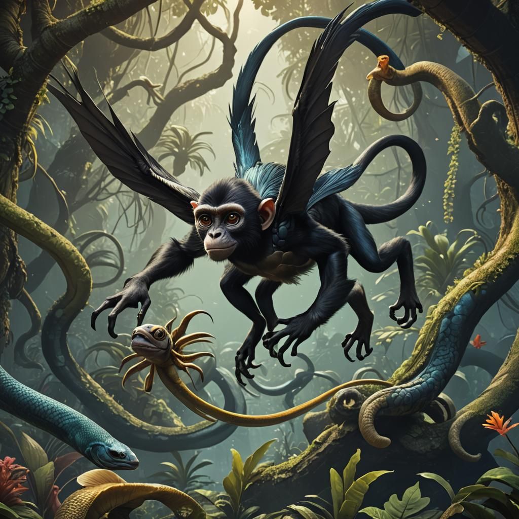 Winged spider monkey and moray eel hybrid