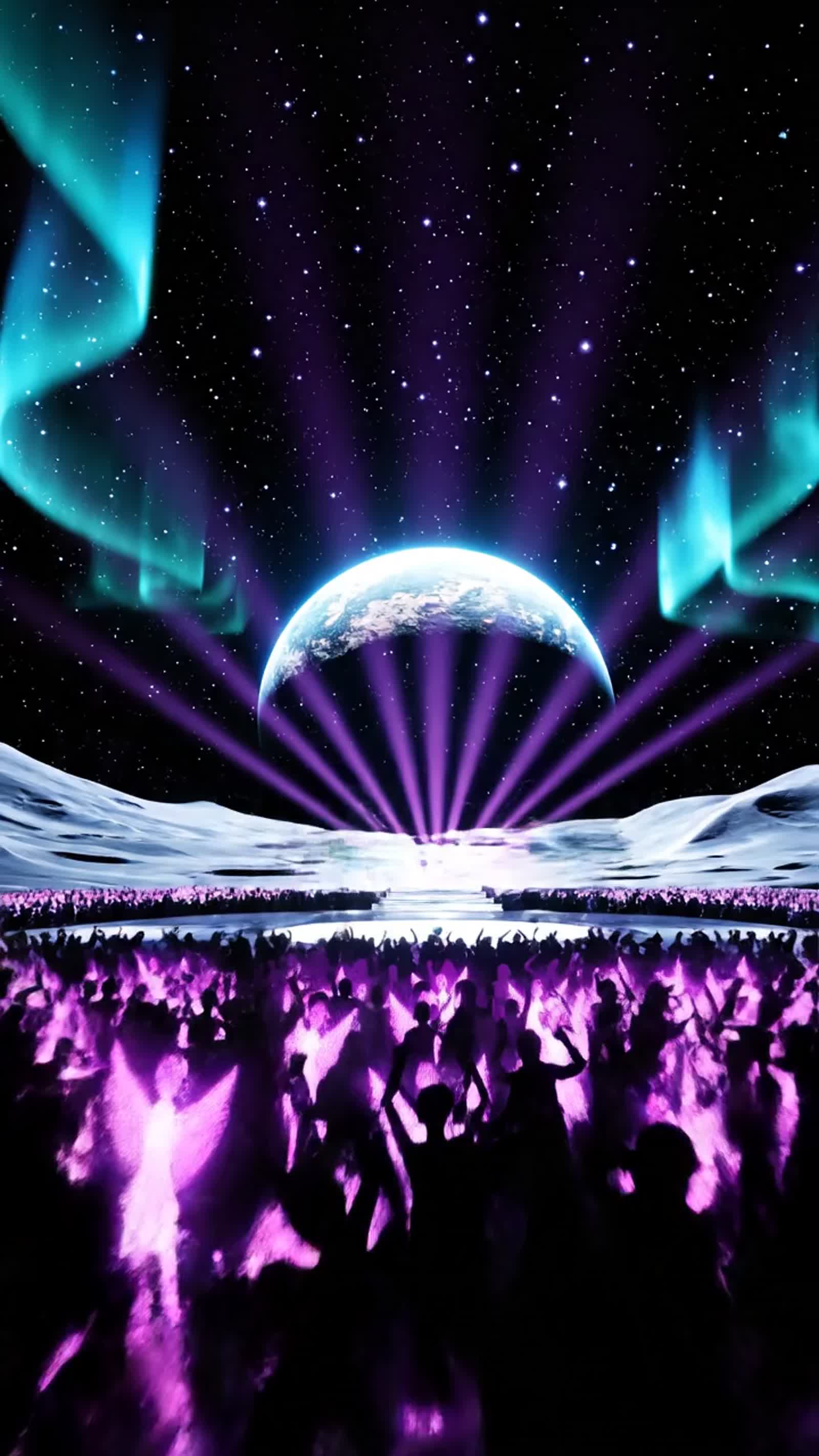 On the moon’s silver plain—cratered like a giant vinyl—stage a trippy 3D IMAGE where ANGELS AND ALIENS dance together as...