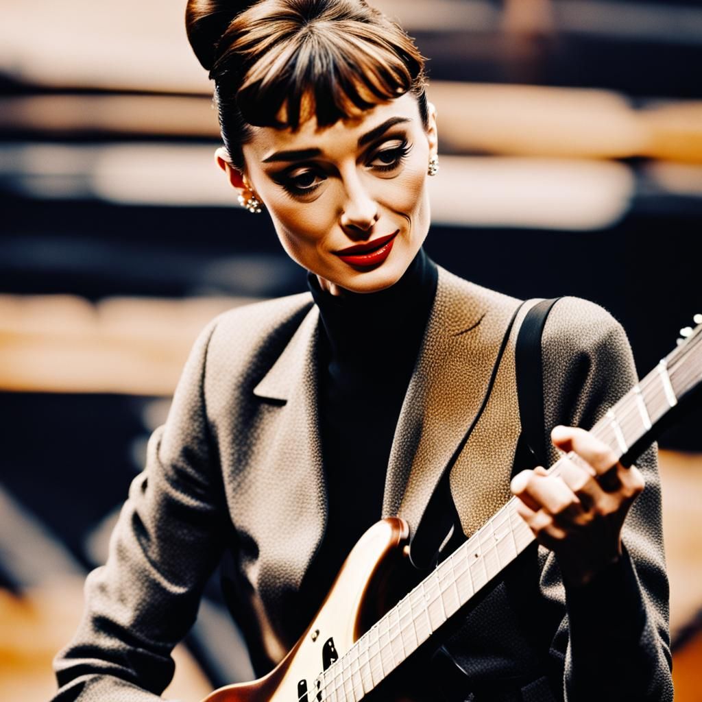 Audrey Hepburn plays Sultans of Swing guitar on stage, macro...