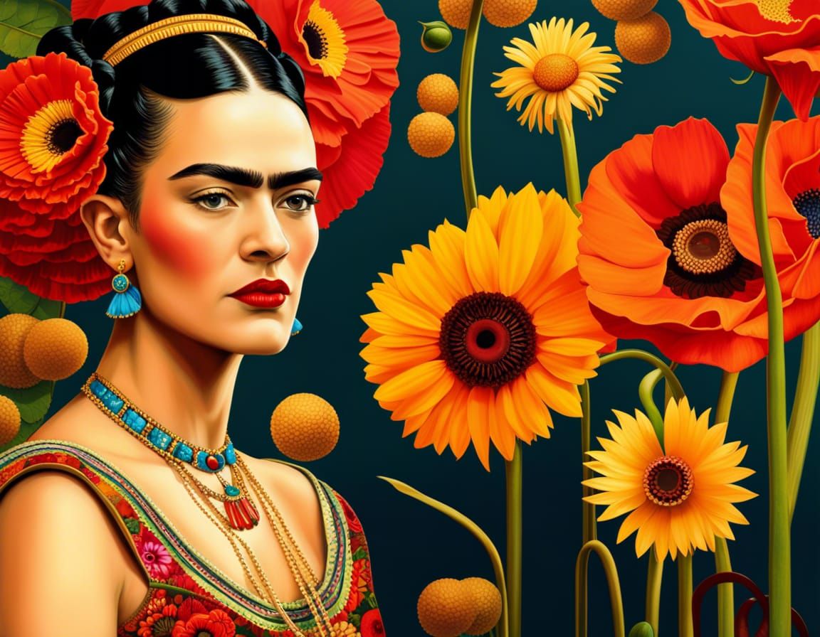 Frida Kahlo with Gustave klimt Poppies daisies sunflowers bright ...