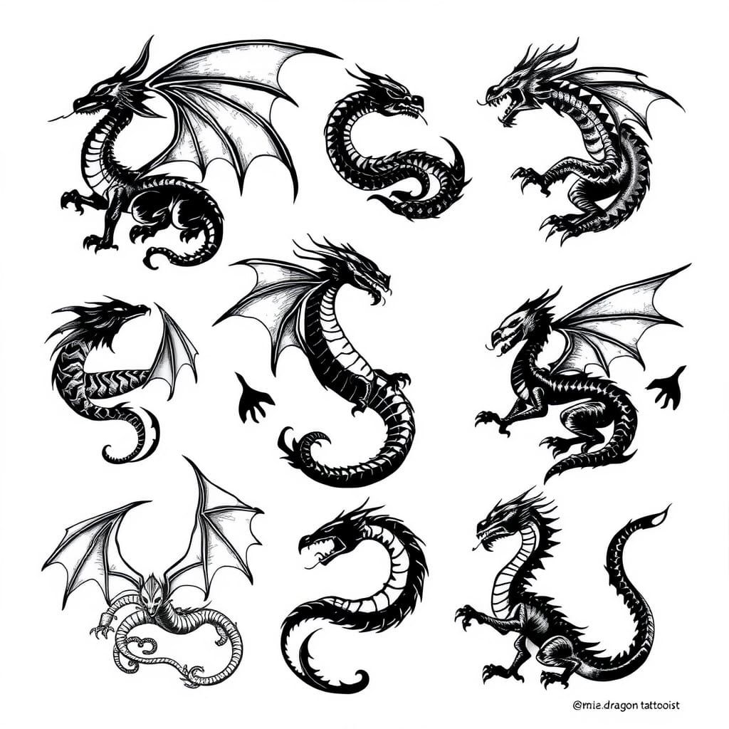 A flash tattoo sheet showcasing  a variety of different blackwork tattoos each of a different dragon. ...  by @Al_in_Tanzania