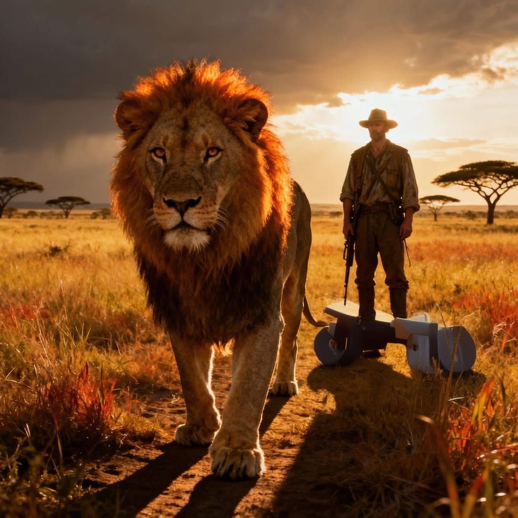 Dramatic Lion Hunter in Sun-Drenched Savanna