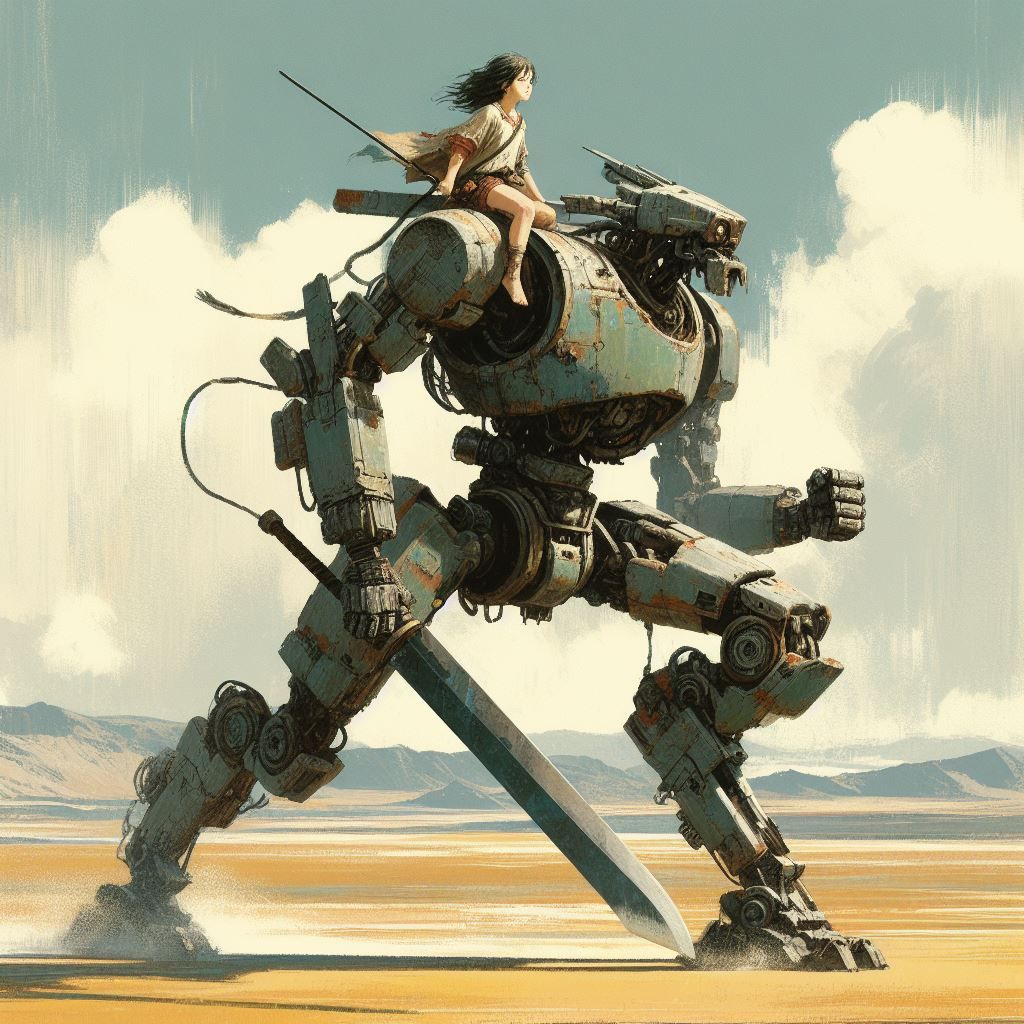 Little girl rides her robot