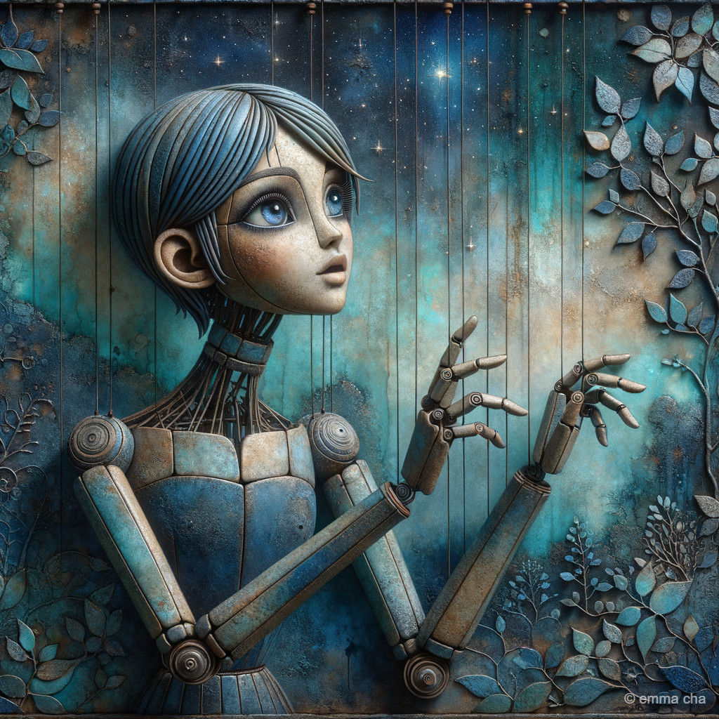 Amazed string puppet in a blue starry garden