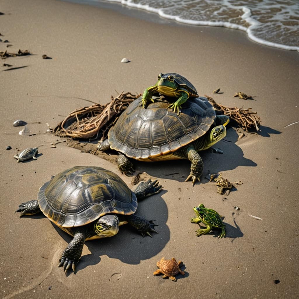 Turtle staring a frog at the beach during summer