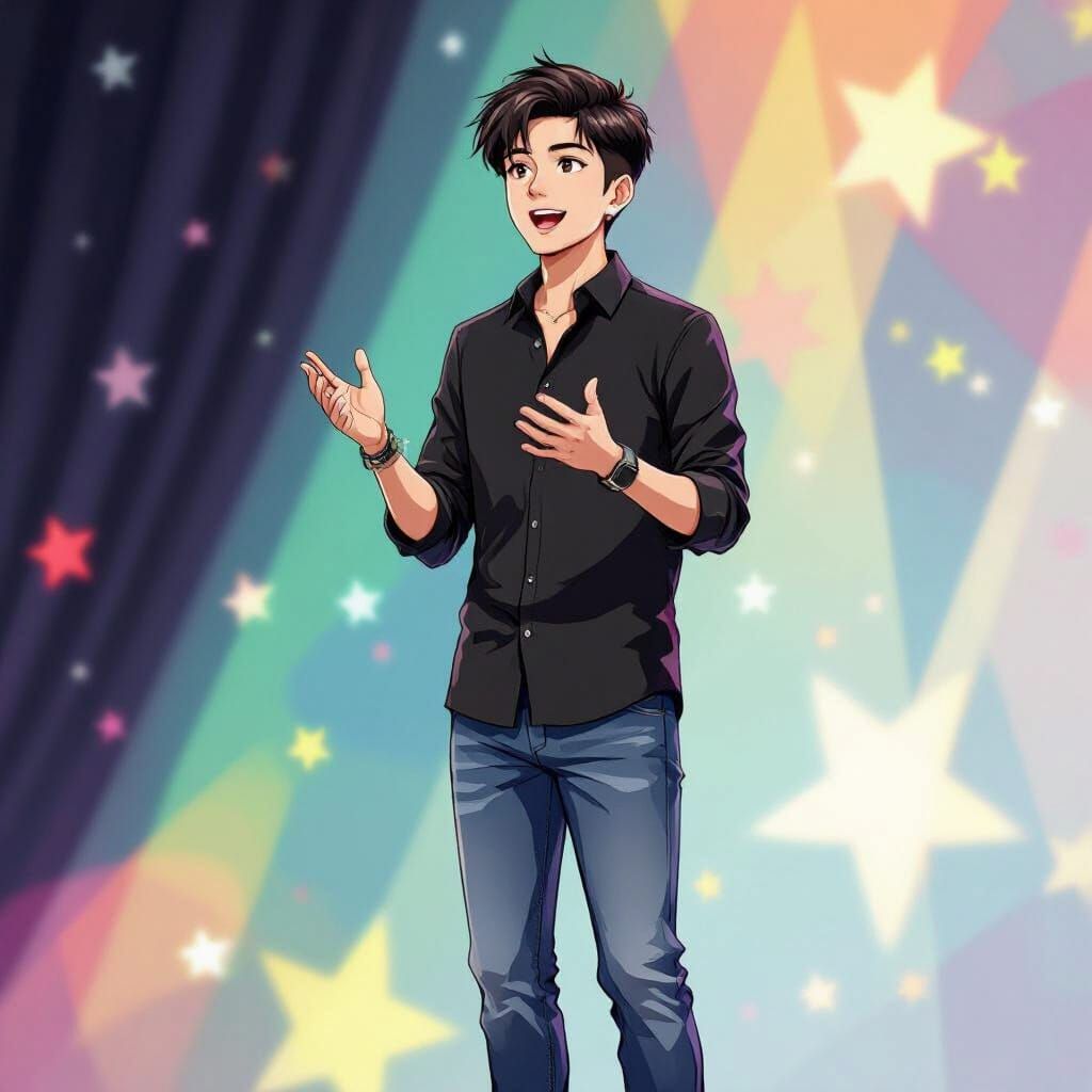 Anime-Style Burmese Man Giving Speech on Stage