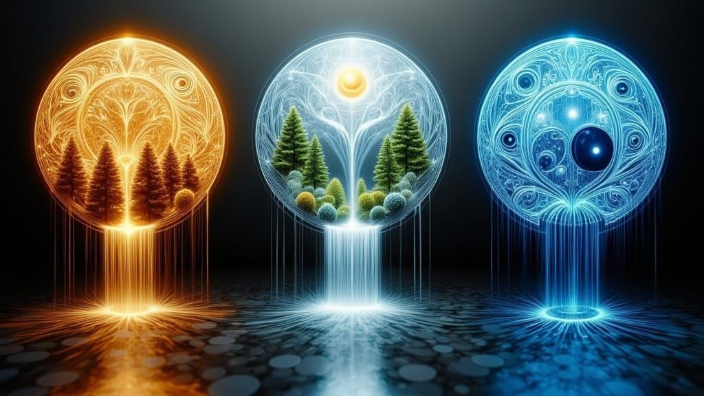 <lora:Light Effects:1.0>Realistic artwork featuring a symmetrical layout with three circular frames, ...  by @Dantonio