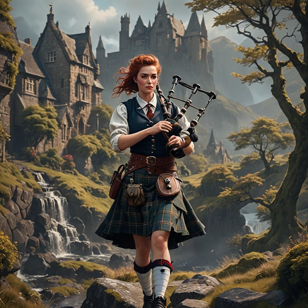 Pretty Scottish pin-up playing the bagpipes.
