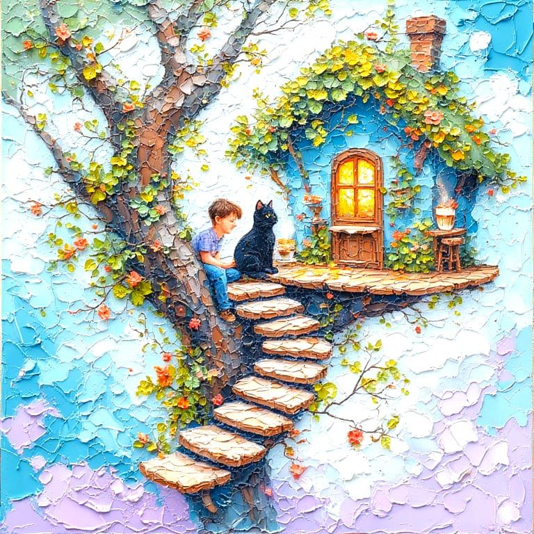 Treehouse home with black cat
