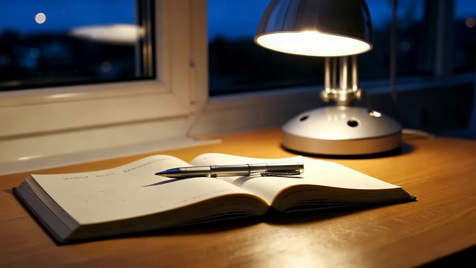 Static shot of a dimly lit desk at night, notebook open, pen resting across the page, soft lamp light flickering slightl...
