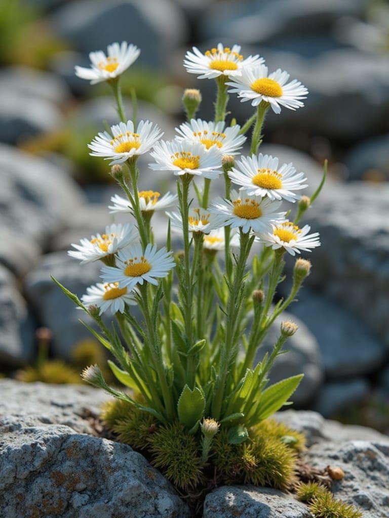 Edelweiss Blooms on Weathered Rocks in Alpine Setting