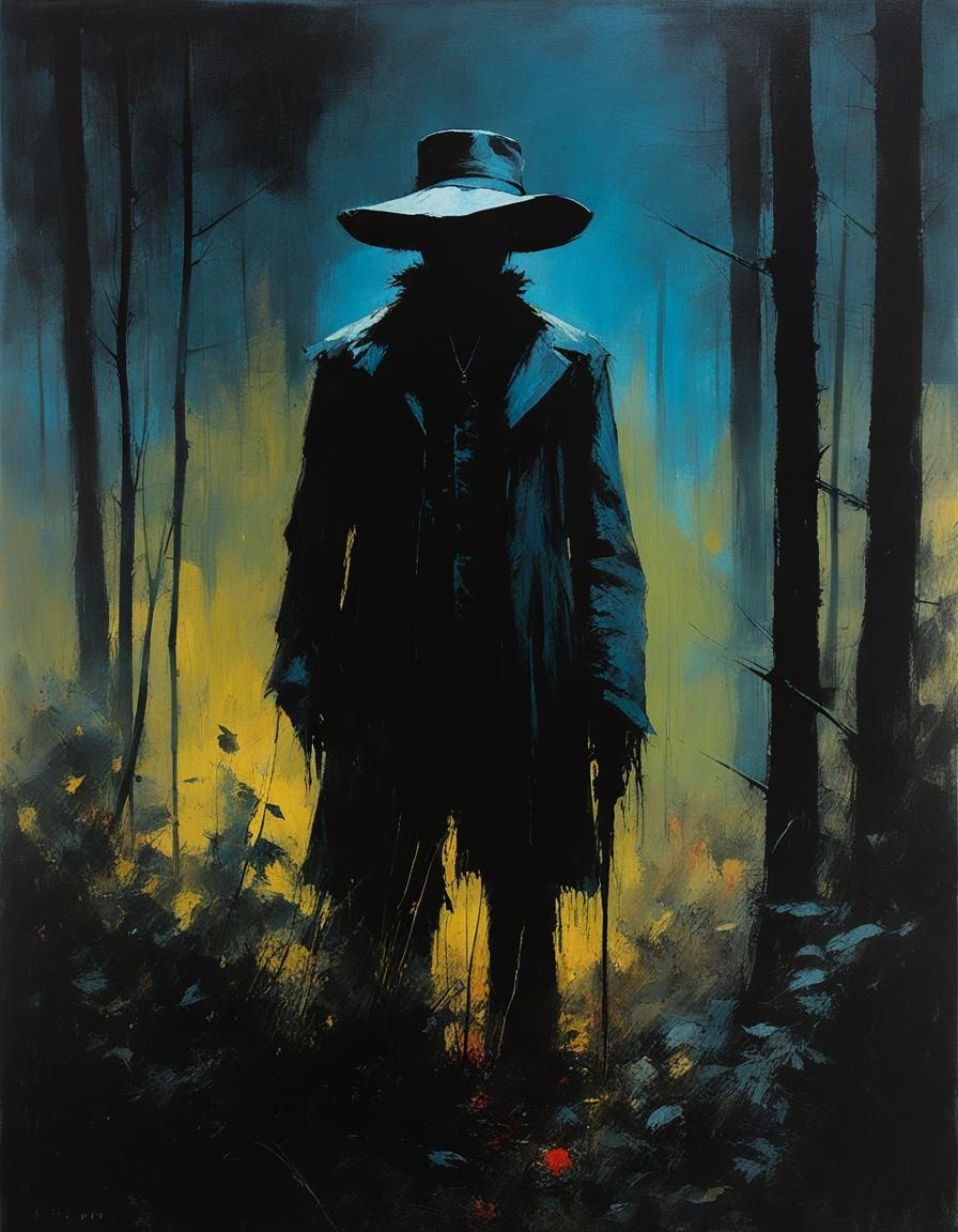 colorful moonlit scarecrow in moody dark forest, intaglio spy movie by Mark Demsteader, by  Wadim Kashin ...  by @photon