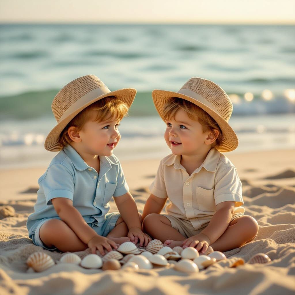 Twin Boys Discovering the Beach in Dreamy Lighting