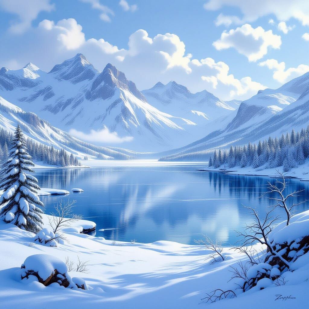 Snowy Landscape with Mountains in Classic Painting Style