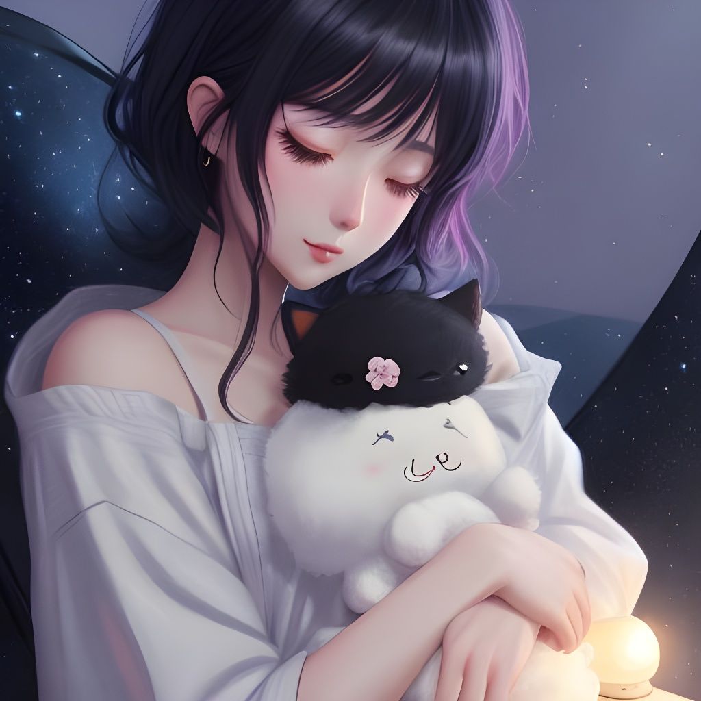 Chibi Woman Sleeping in Starry Pajamas: 3D Anime Art