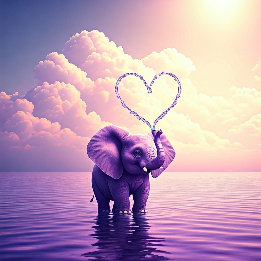 Whimsical Elephant in Lavender Lake Scene