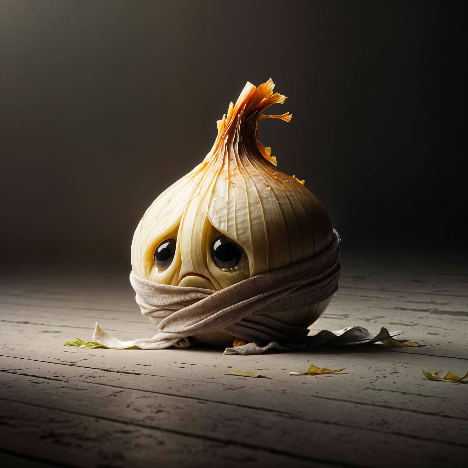 closeup,cinematic,,4d,stunning,A peeled sad mini-cgi onion with a face has a scrap of fabric around its ...  by @Silverboooom 