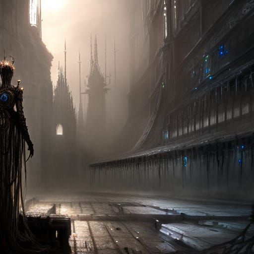 biomechanical witch wearing coreset and gown, technological ...