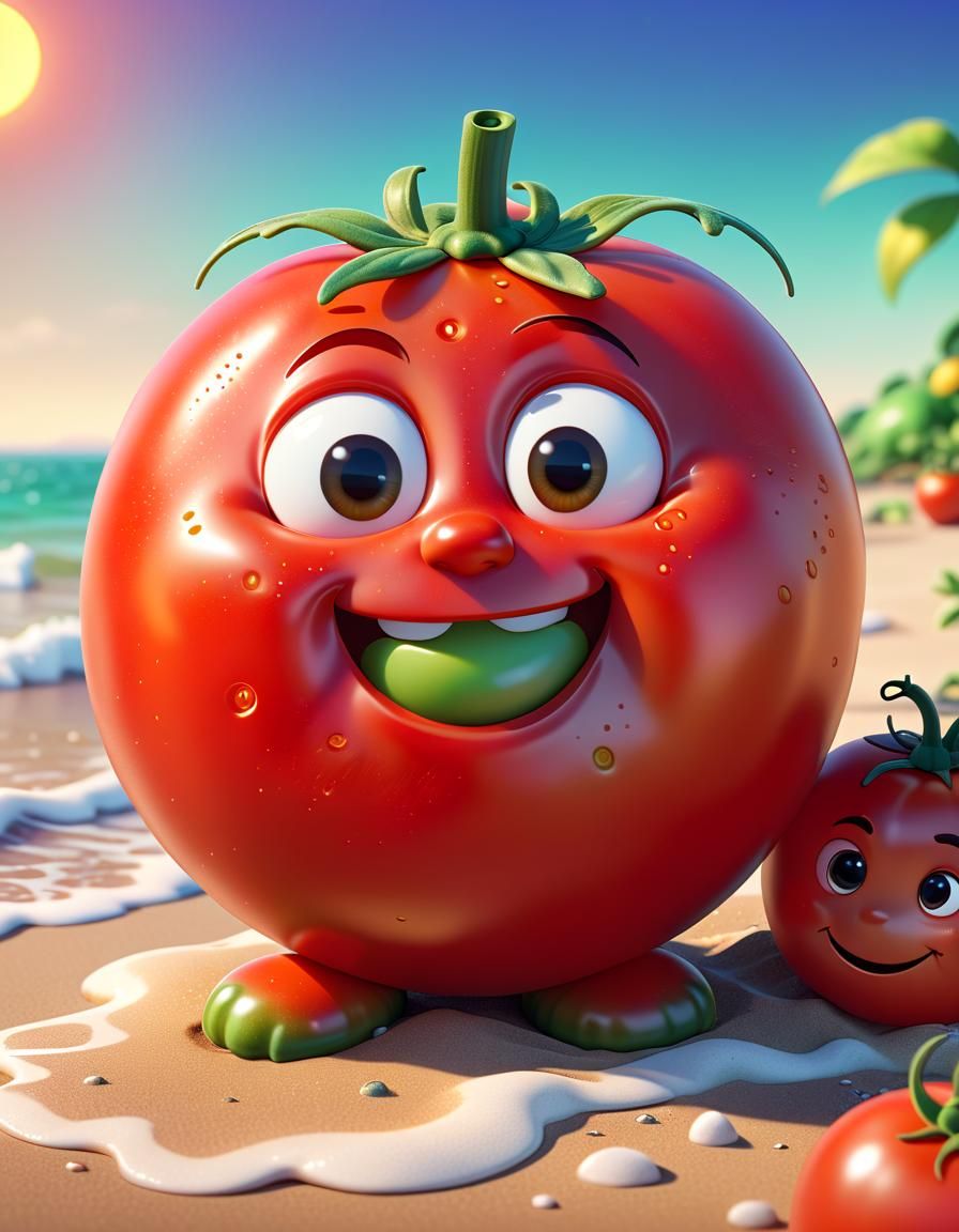 cute tomato resting on the seashore