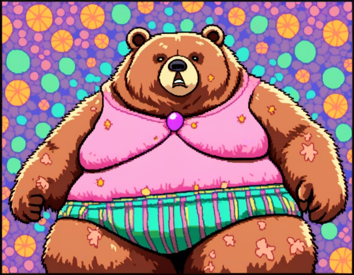 "living fuzzy cute obese Bear wearing a bikini":- <lora:BearZFX-V2:1.0> 
