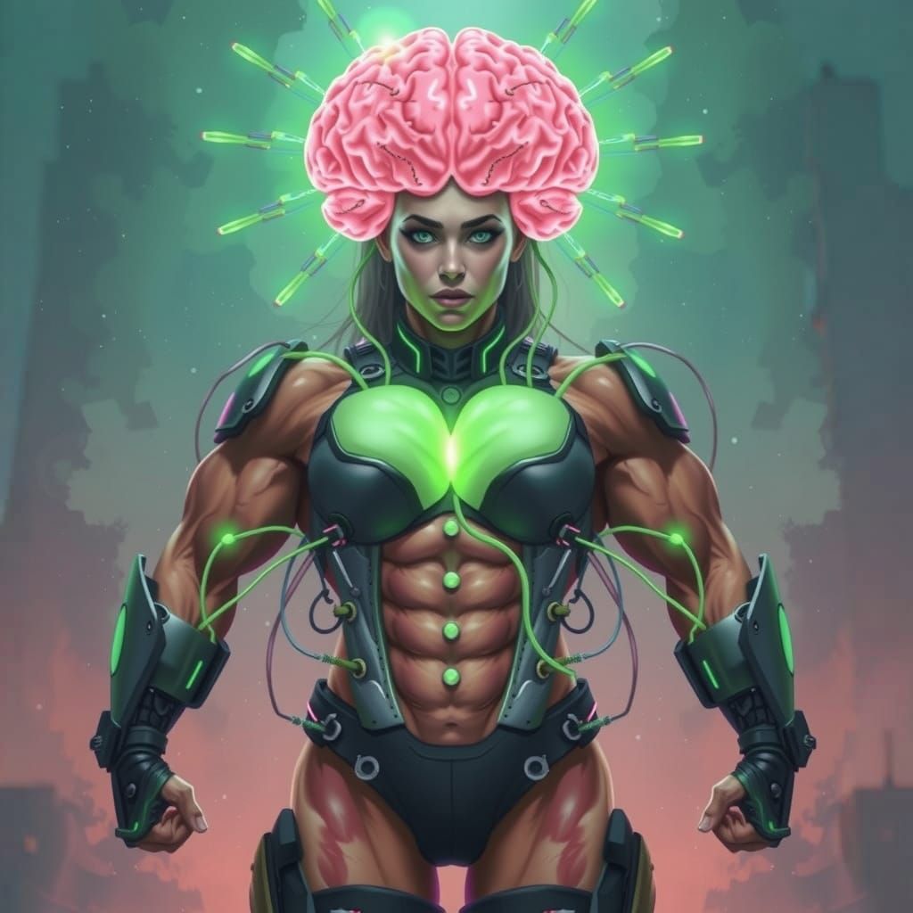 A female bodybuilder with a massive physique has a suit attached to her body. Multiple tubes from the suit inject a luminous neon green seru...