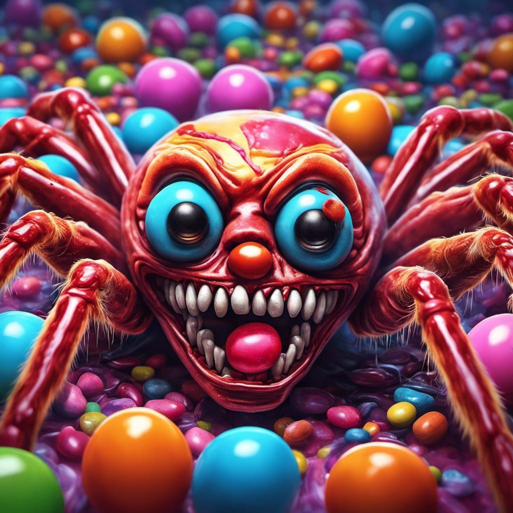 Spiders crawling out of the dead clown's eye sockets Candy art style