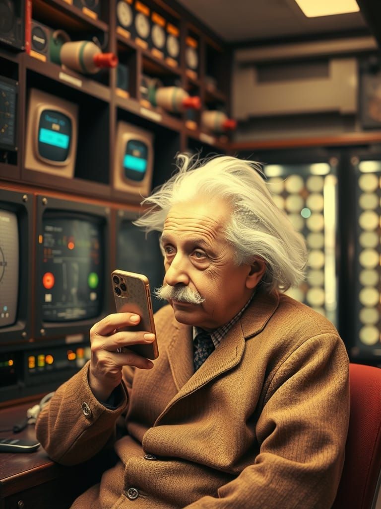 Albert Einstein making edits to the Wiki page on the theory of relativity - photo in color.