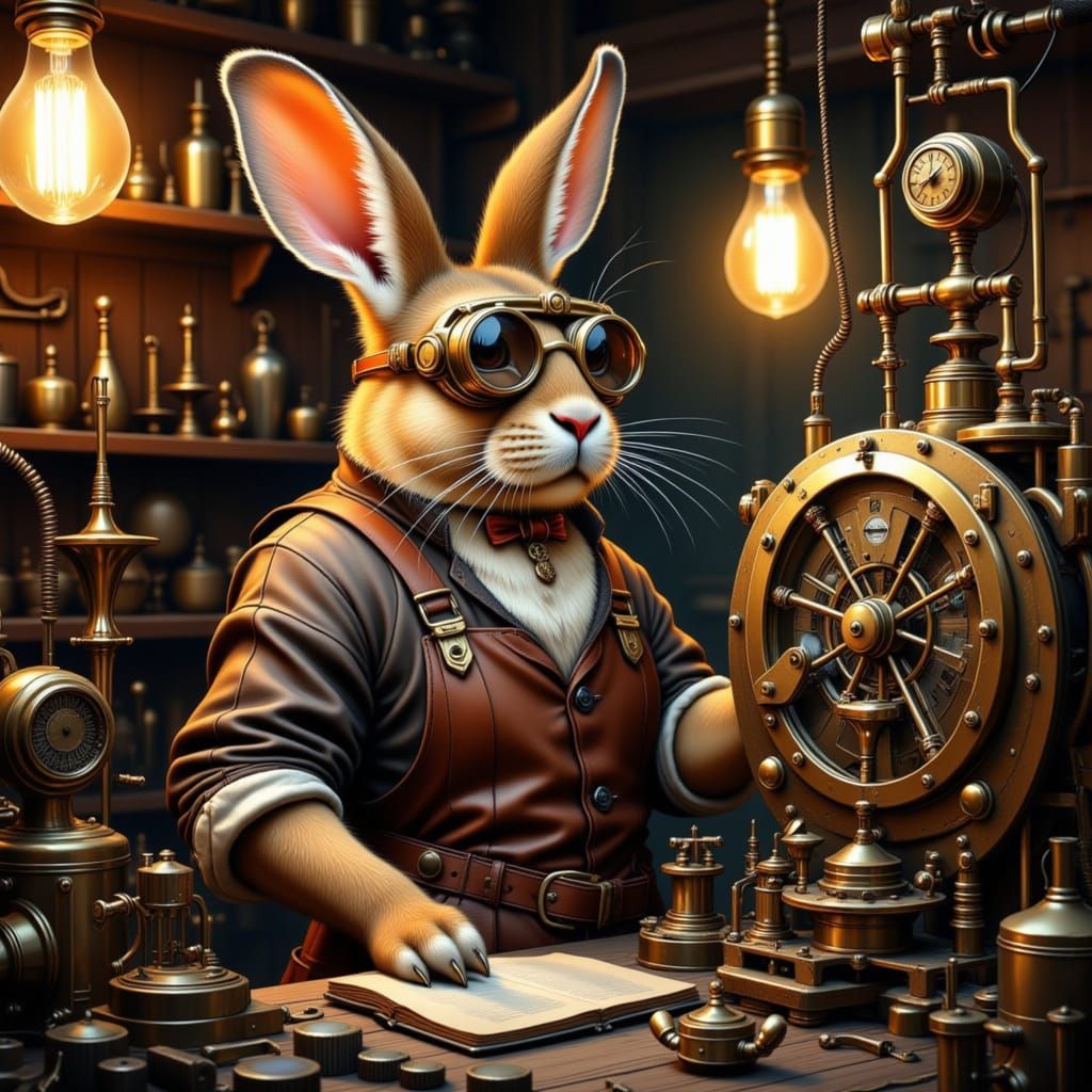 Steampunk Rabbit Inventor in Victorian Workshop