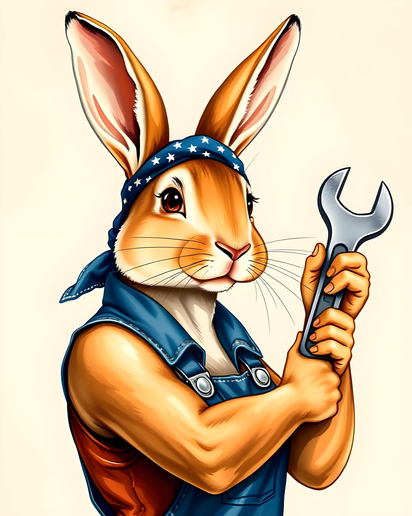 Rosibun the Riveter brandishes human arms, three hands, and a wrench  by @Gary Murakami