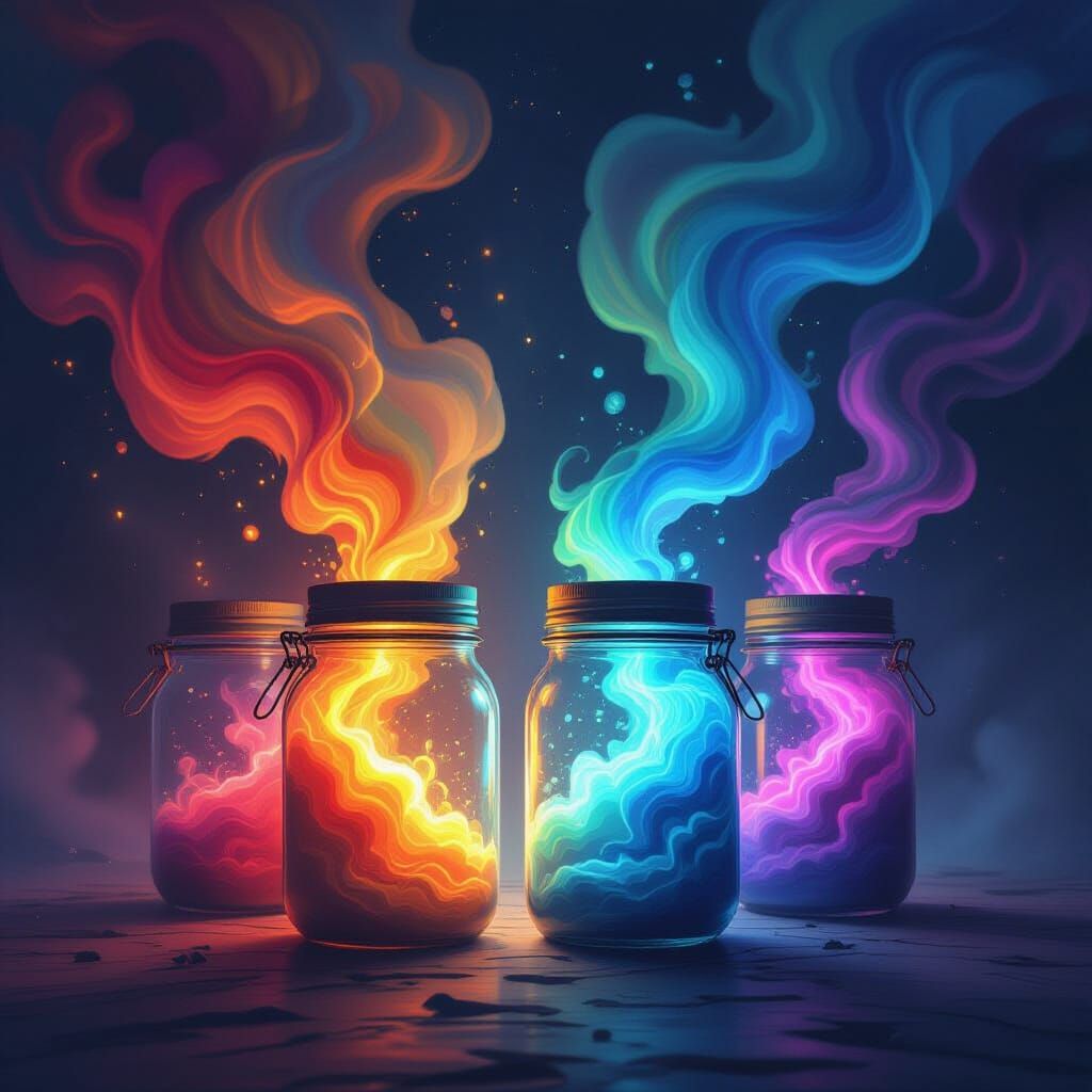 Four Jars Contain Rainbow Wind Vortexes in Dark Fantasy Styl...