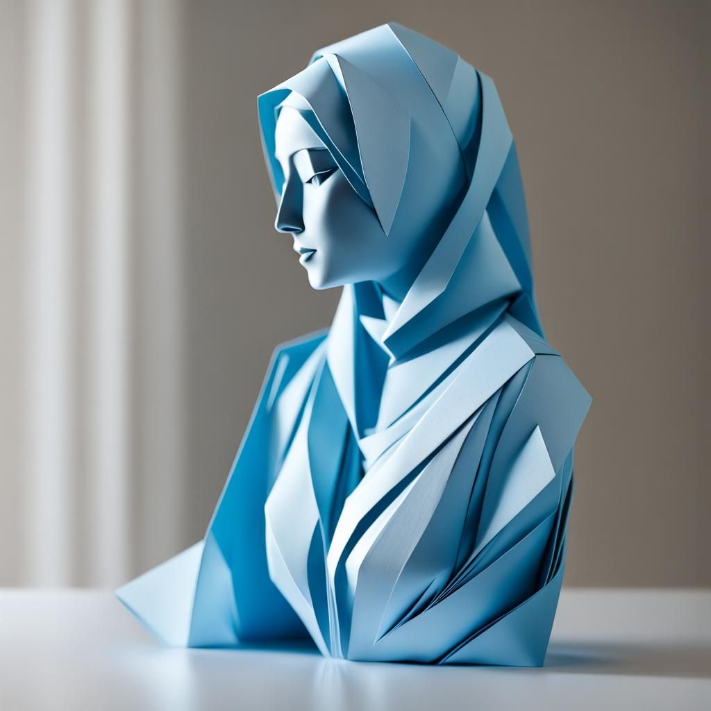 Origami sculpture of a woman in hijab