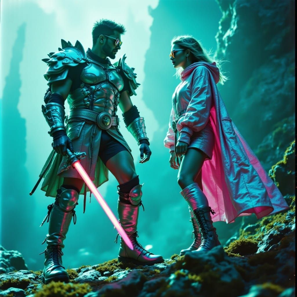 <lora:80s Leisure Shots:1.0> A brave warrior clad in gleaming, oversized shoulder armor and leather boots, wielding a glowing crystal sword....