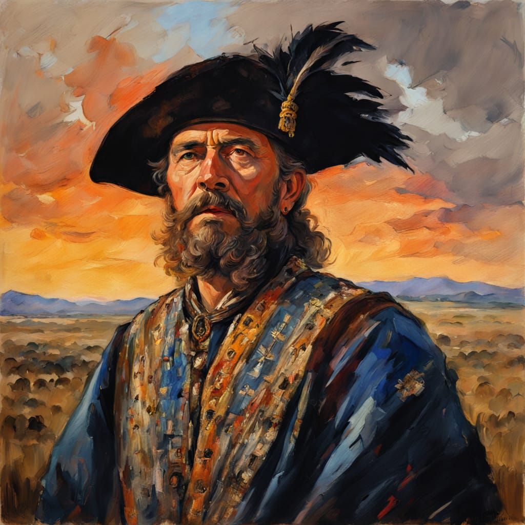 A majestic portrait of a Ukrainian Hetman — a powerful Cossack leader from the 17th–18th century. The man stands proudly, radiating dignity ...