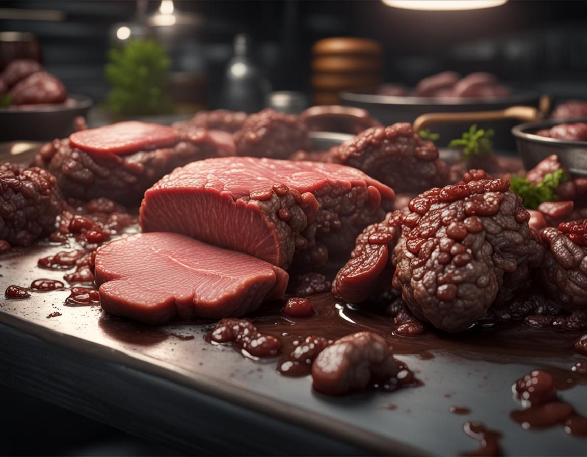 Deliciuos fresh meat in a table dirty kitchen