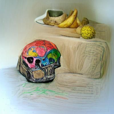 Still life of a human skull done in the style of Art Brut