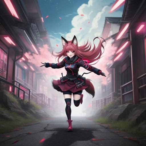 Anime Girl with Fox Ears Running