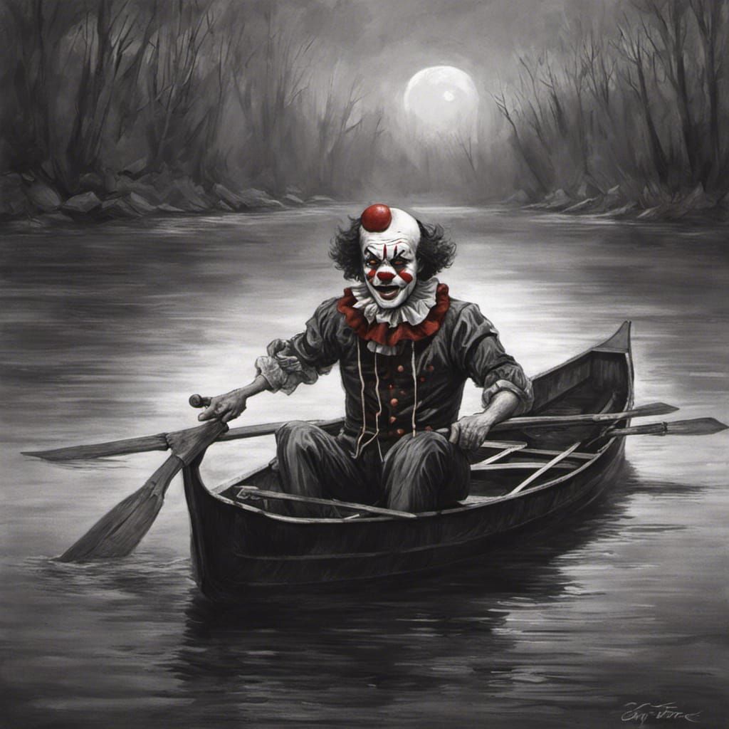 Sad clown being rowed across the River Styx