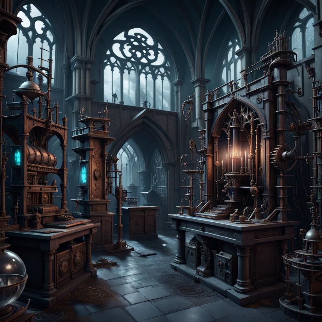 A mysterious lab full of gothic devices and ancient tech