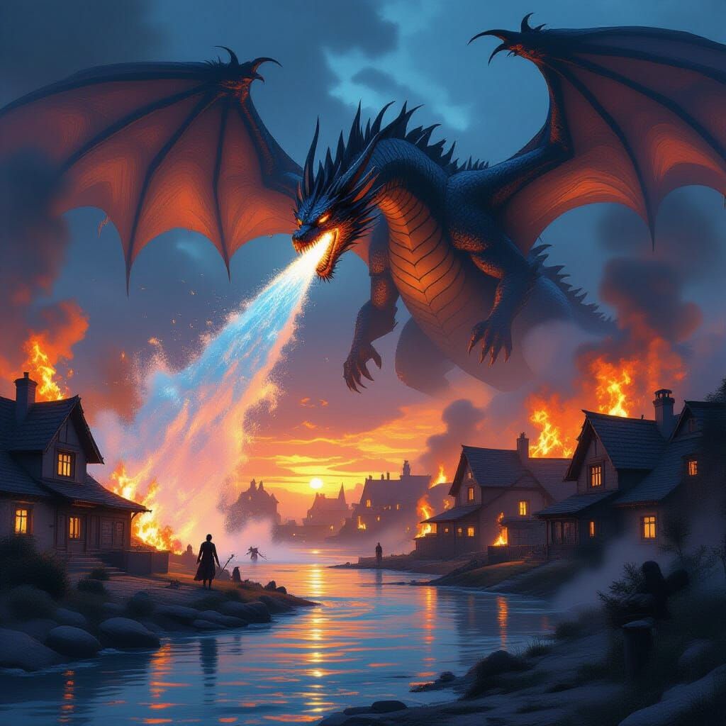 Dragon Douses Village Fire at Dramatic Sunset