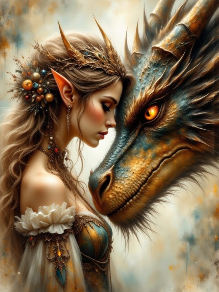 Elf Warrior and Dragon Embrace in Ethereal Watercolor Style