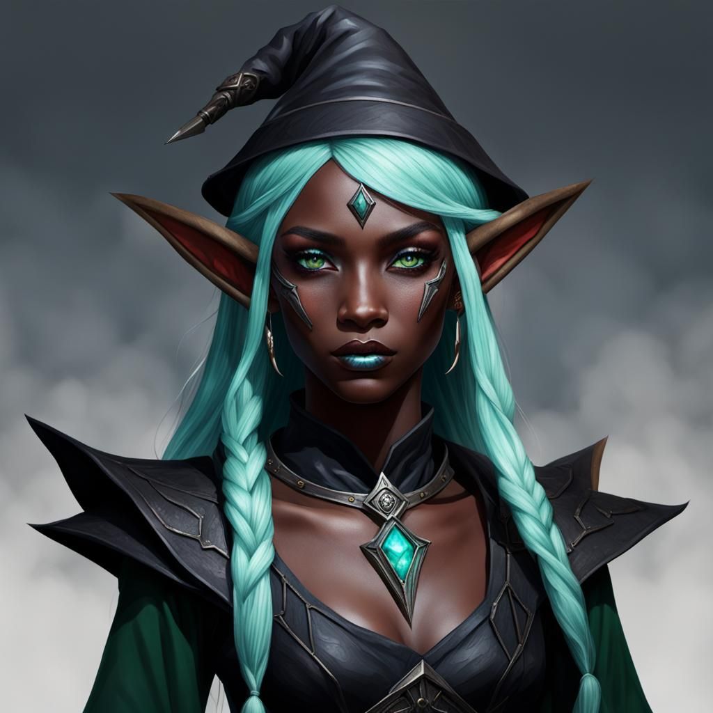 Striking Obsidian-Skinned Elf Witch Portrait