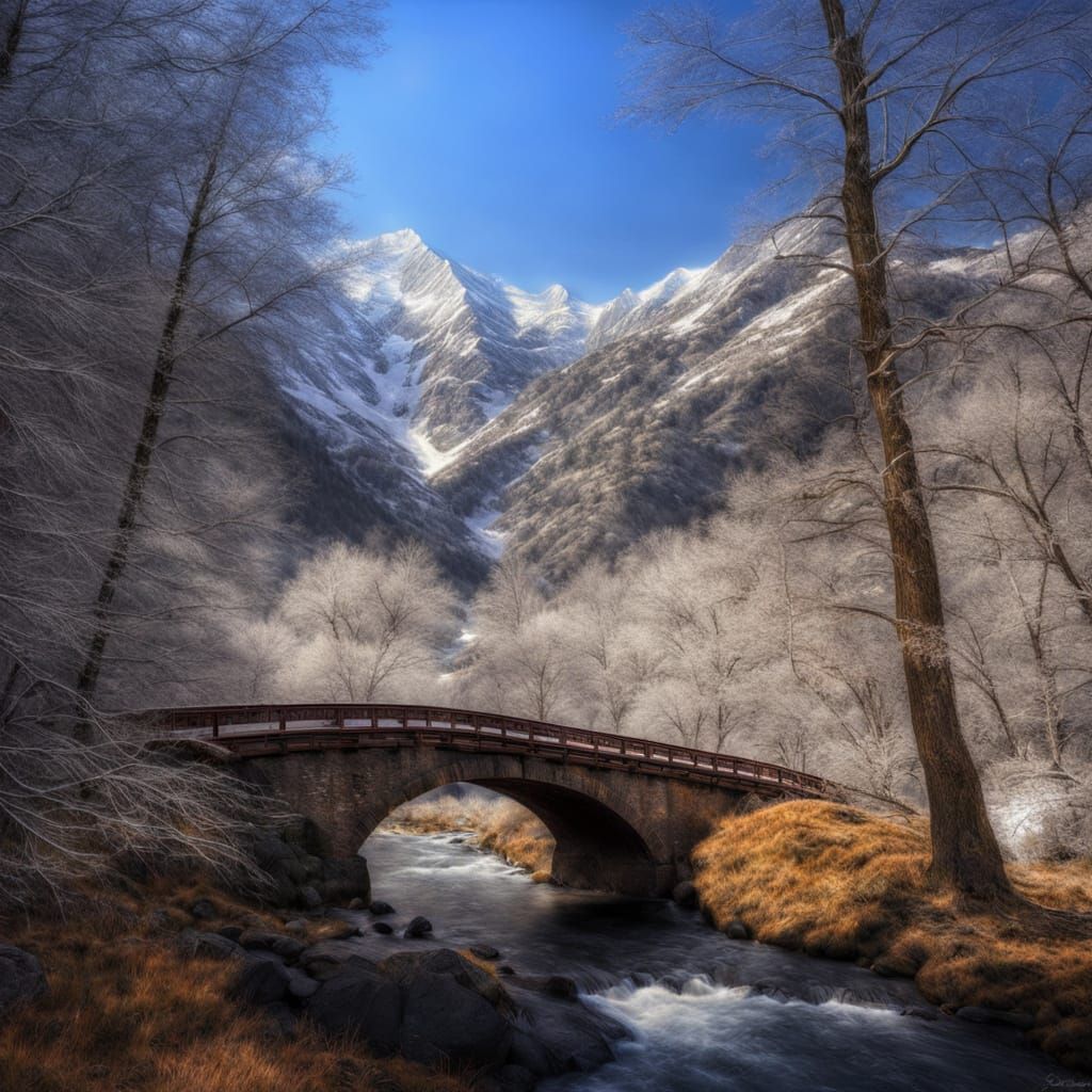 A bridge over a river in the mountains, HDR, beautifully shot, hyperrealistic, sharp focus, 64 megapixels, perfect composition, high contras...
