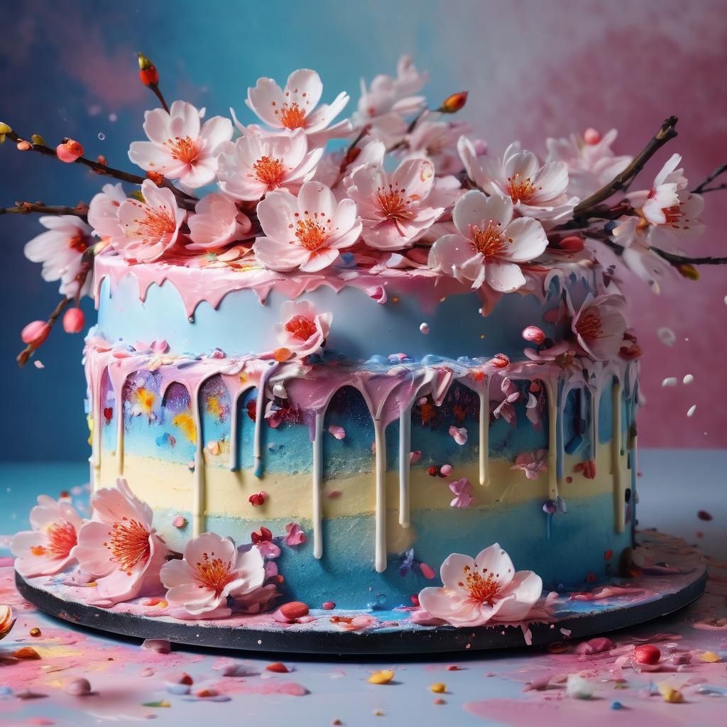 Sakura Flowers Decorate Cake in Hyperrealistic Splash Art
