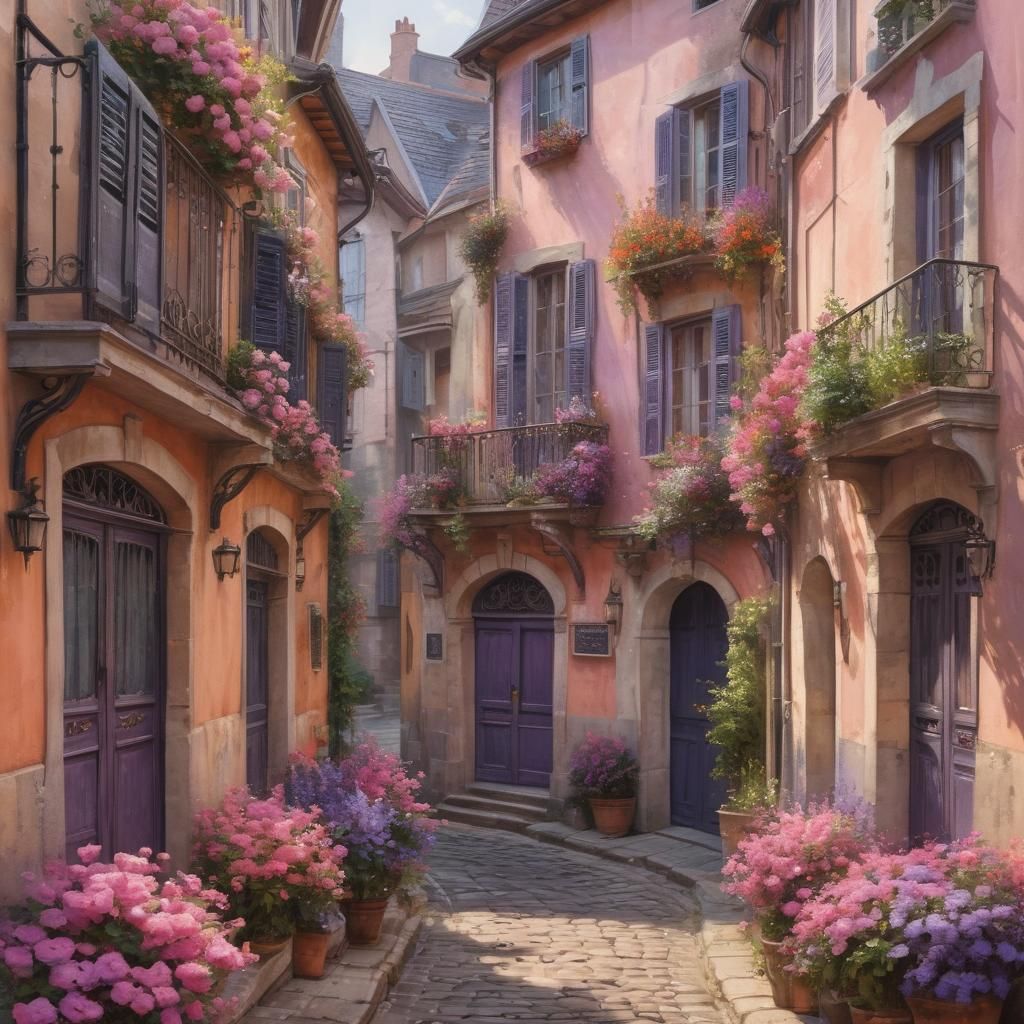 Charming European Street Scene in Watercolor Style