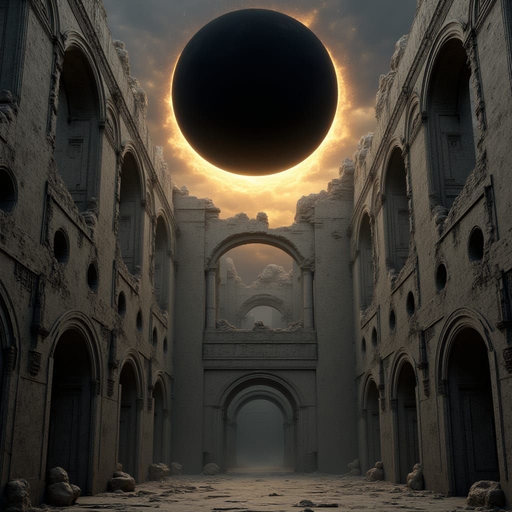 <lora:Reliquiarum:1.0> A black sun is at the center of an old, ruined city. Above it is a portal to another world, in the style of fantasy ...