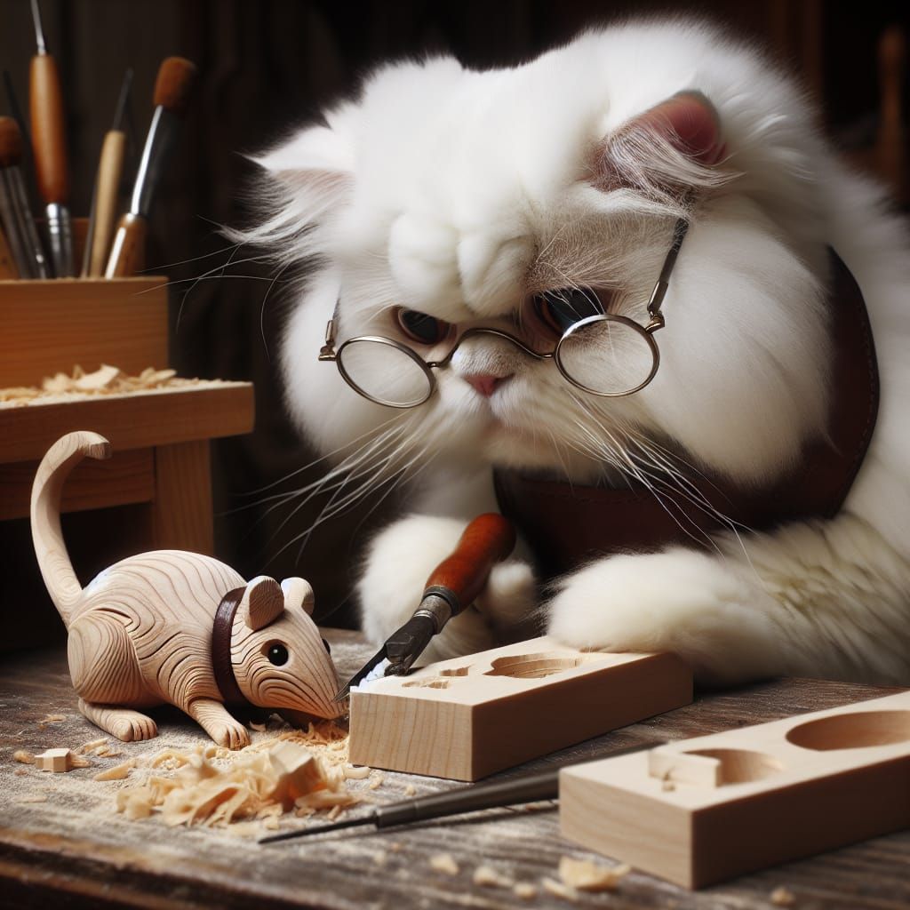 A cat master carpenter carving timber mice on his work bench close up of the white Persian cat in his ...  by @Fi