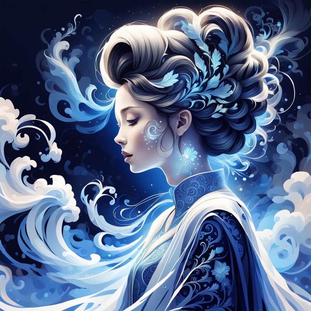 Ethereal Woman in Flowing Dress: Digital Art