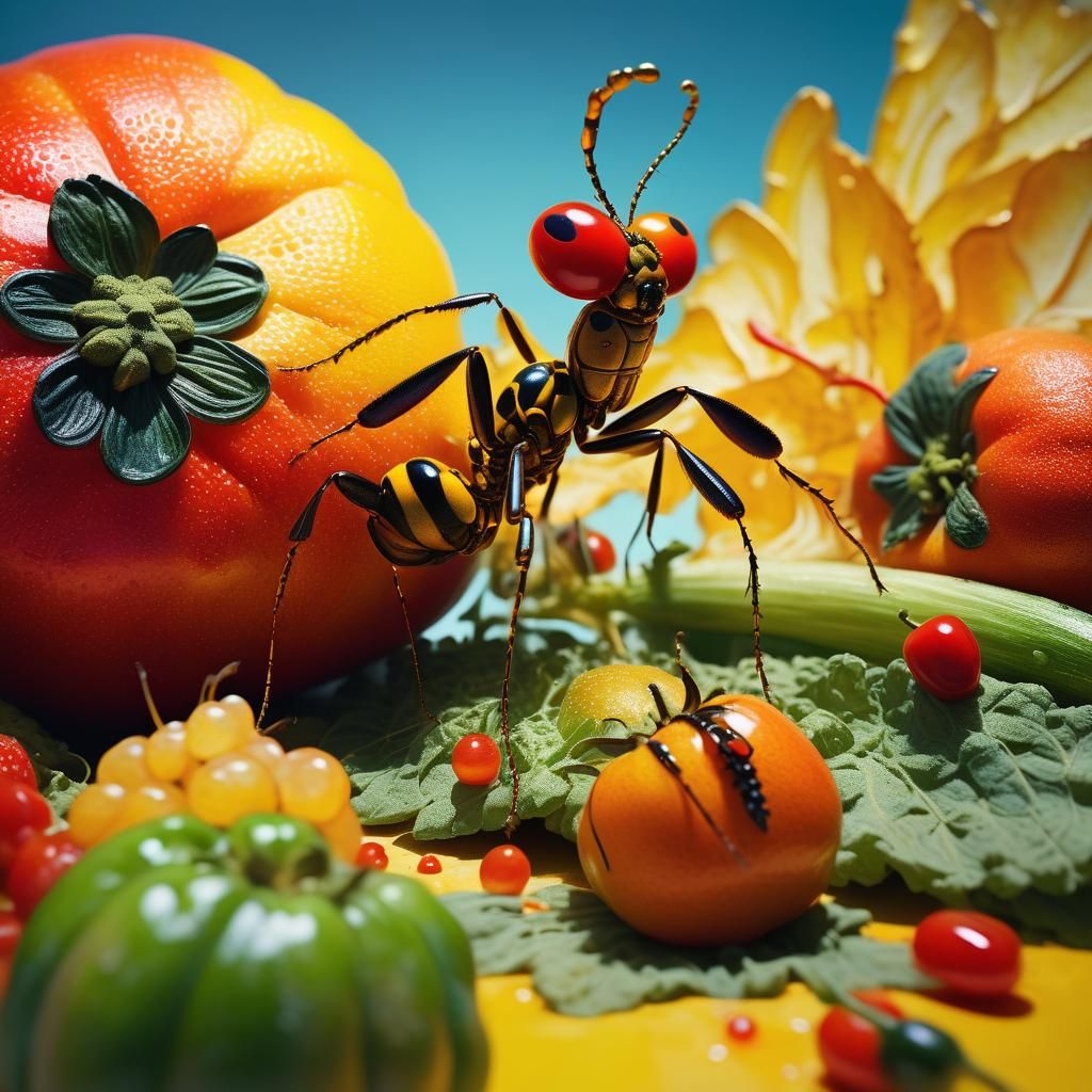 Surreal Macro Shot: Insects, Fruit, and Expressionist Impast...